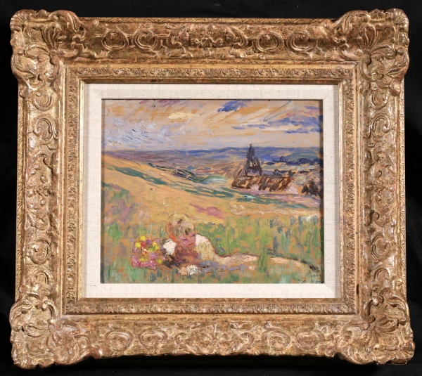 Young girl resting in the fields at Giverny above L’Eglise Sainte-Radegonde - Buy Fine Paintings Online