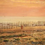 Cockle pickers on the beach at sunset thumbnail