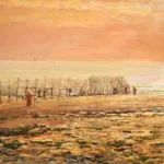 Cockle pickers on the beach at sunset thumbnail