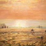 Cockle pickers on the beach at sunset thumbnail