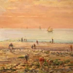 Cockle pickers on the beach at sunset thumbnail
