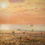 Cockle pickers on the beach at sunset thumbnail