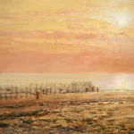 Cockle pickers on the beach at sunset thumbnail