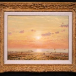 Cockle pickers on the beach at sunset thumbnail