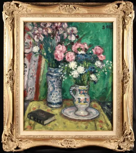 Fleurs et livre sur une table - Buy Fine Paintings Online