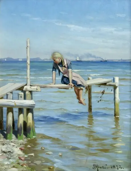 Girl on a Jetty – The Oresund at Hellebaek - Buy Fine Paintings Online