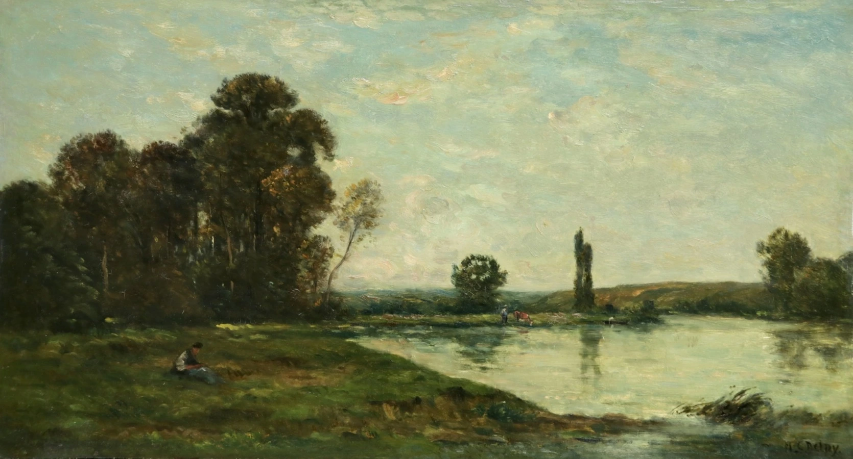 Figures in a river landscape - Buy Fine Paintings Online