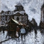 Figures in a market in the rain thumbnail