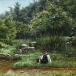 Young Boy Fishing by Stream thumbnail