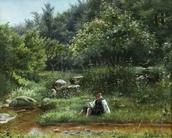 Young Boy Fishing by Stream - Buy Fine Paintings Online