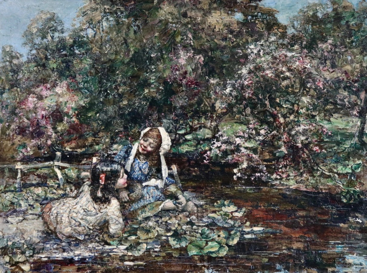 Gathering Flowers by a River - Buy Fine Paintings Online