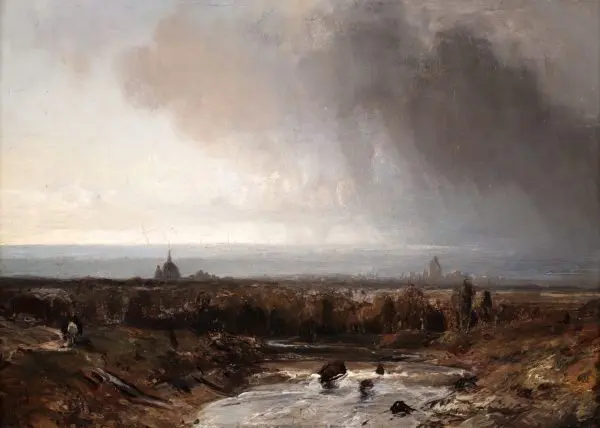 A river landscape beneath a stormy sky - Buy Fine Paintings Online