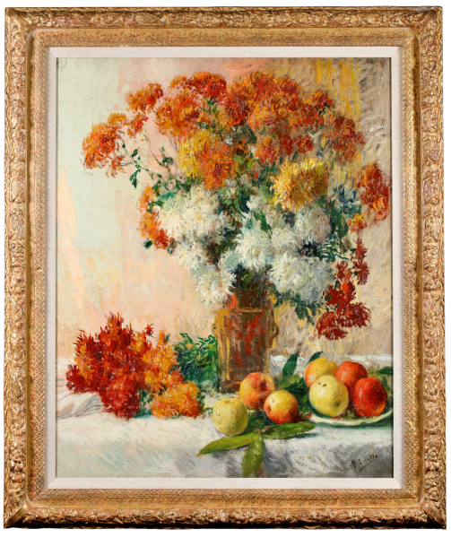 Chrysanthemums & Apples on a Table - Buy Fine Paintings Online