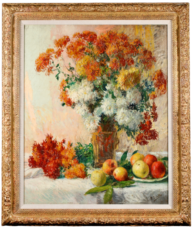Chrysanthemums & Apples on a Table - Buy Fine Paintings Online