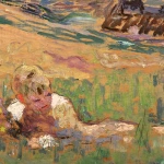 Young girl resting in the fields at Giverny above L’Eglise Sainte-Radegonde thumbnail