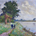 Enfants ramassant des fleurs au bord d’une rivière thumbnail