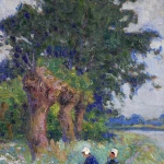 Enfants ramassant des fleurs au bord d’une rivière thumbnail