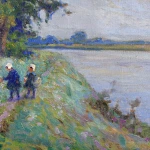 Enfants ramassant des fleurs au bord d’une rivière thumbnail