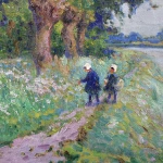 Enfants ramassant des fleurs au bord d’une rivière thumbnail