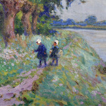 Enfants ramassant des fleurs au bord d’une rivière thumbnail