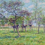 Blühende Apfelbäume auf einer sonnigen wiese thumbnail