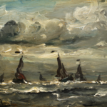 Fishing boats in rough seas at sunset thumbnail