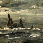 Fishing boats in rough seas at sunset thumbnail