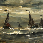 Fishing boats in rough seas at sunset thumbnail