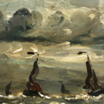 Fishing boats in rough seas at sunset thumbnail
