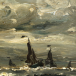 Fishing boats in rough seas at sunset thumbnail
