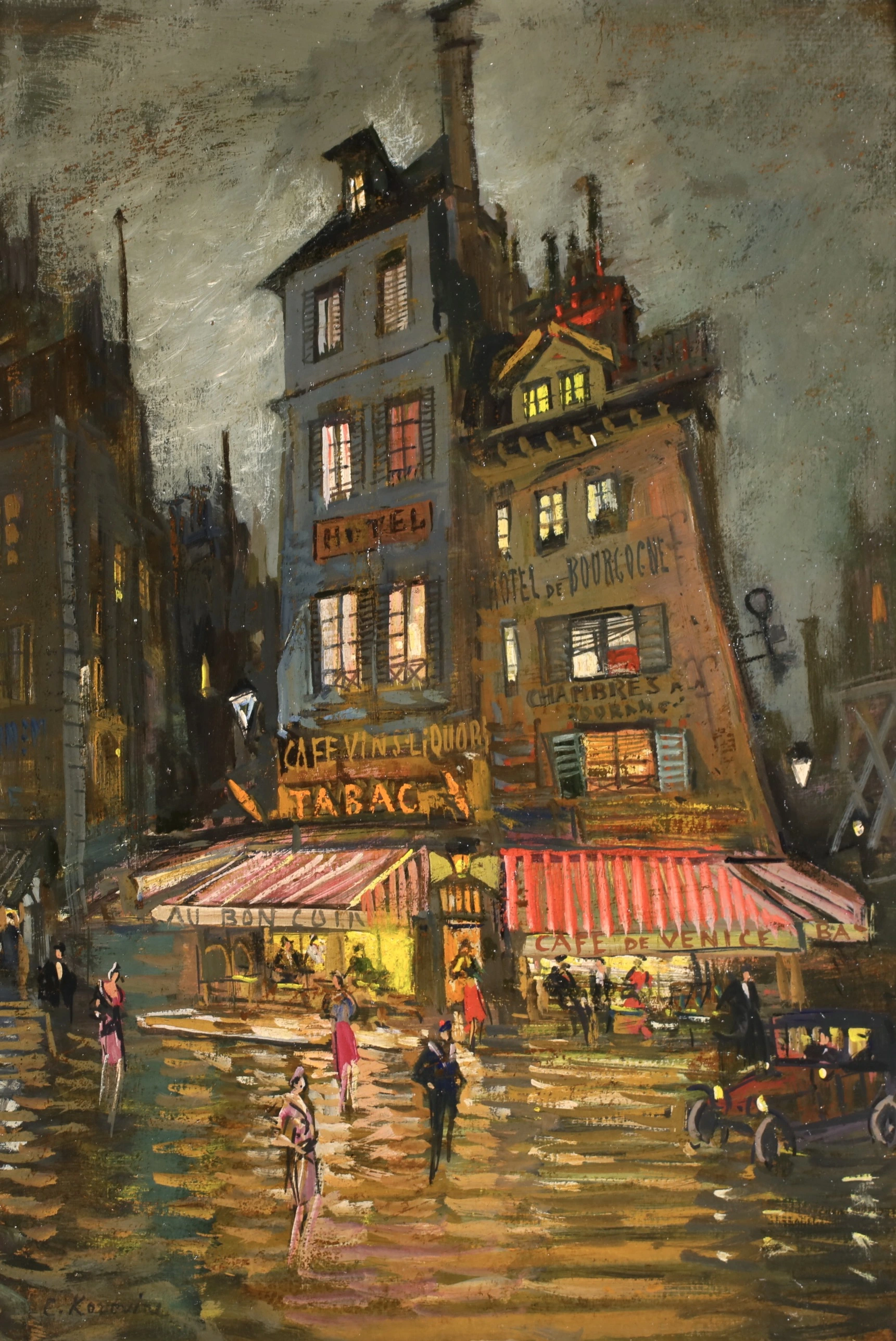 Original 1932 oil painting by Konstantin Korovin depicting Rue Venis at Night