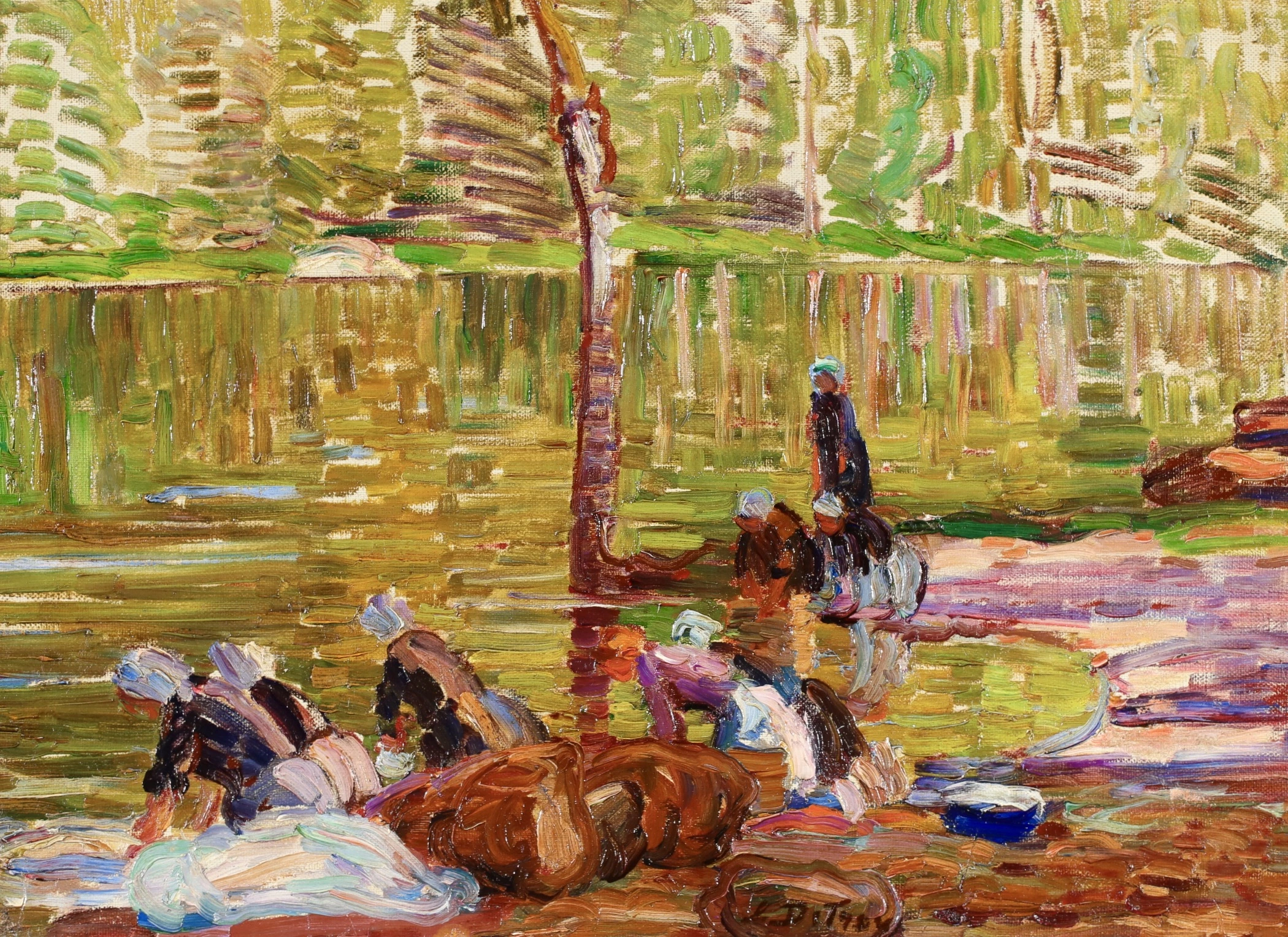 Leon Detroy original 1910 oil on canvas - Les Lavandières