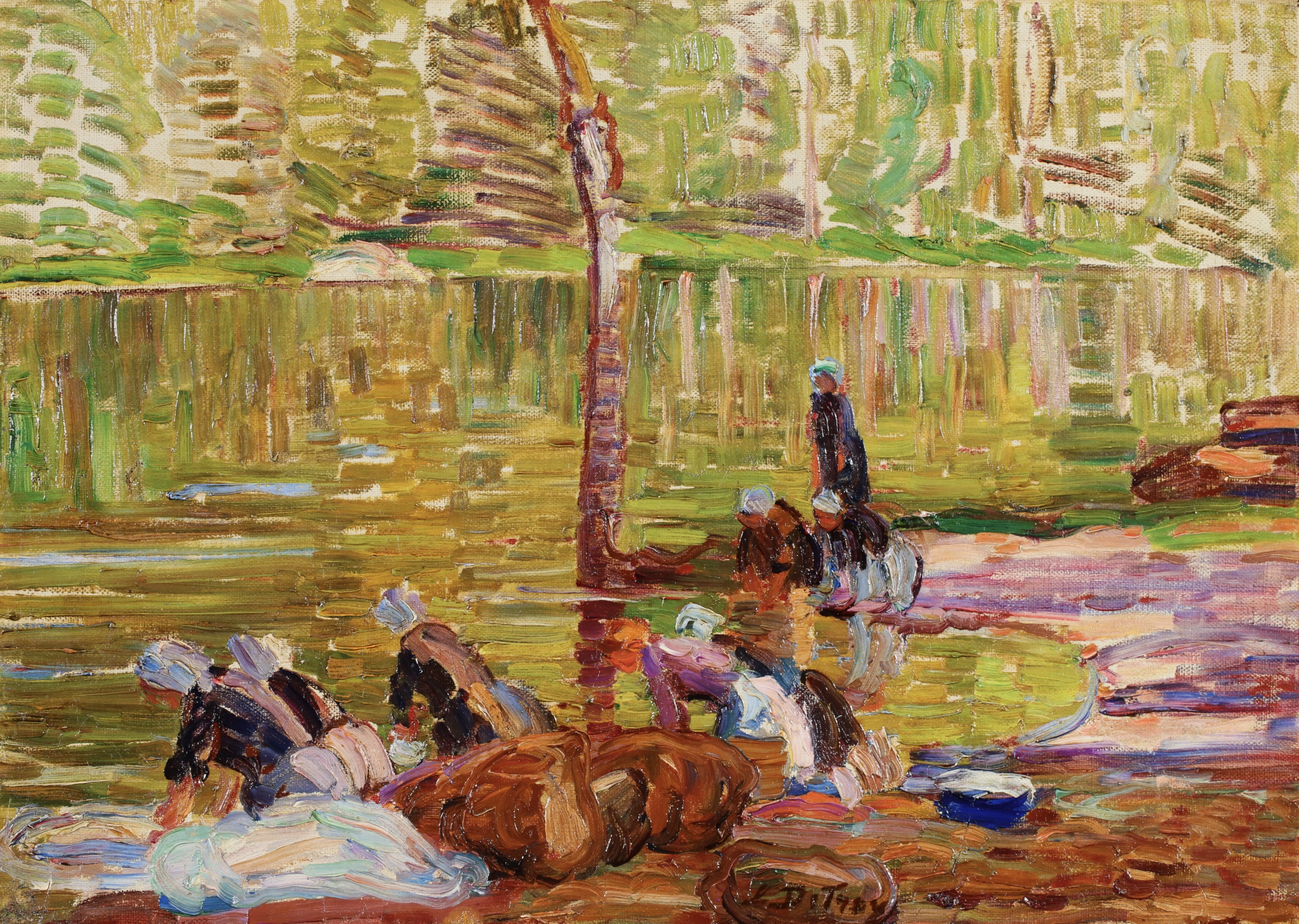 Leon Detroy original 1910 oil on canvas - Les Lavandières