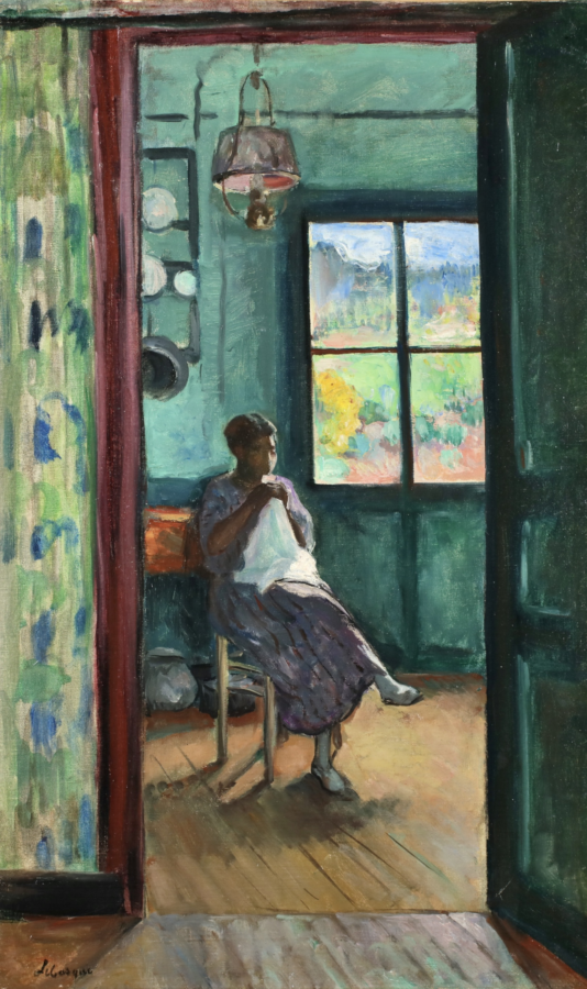 Femme cousant dans un intérieur - Buy Fine Paintings Online