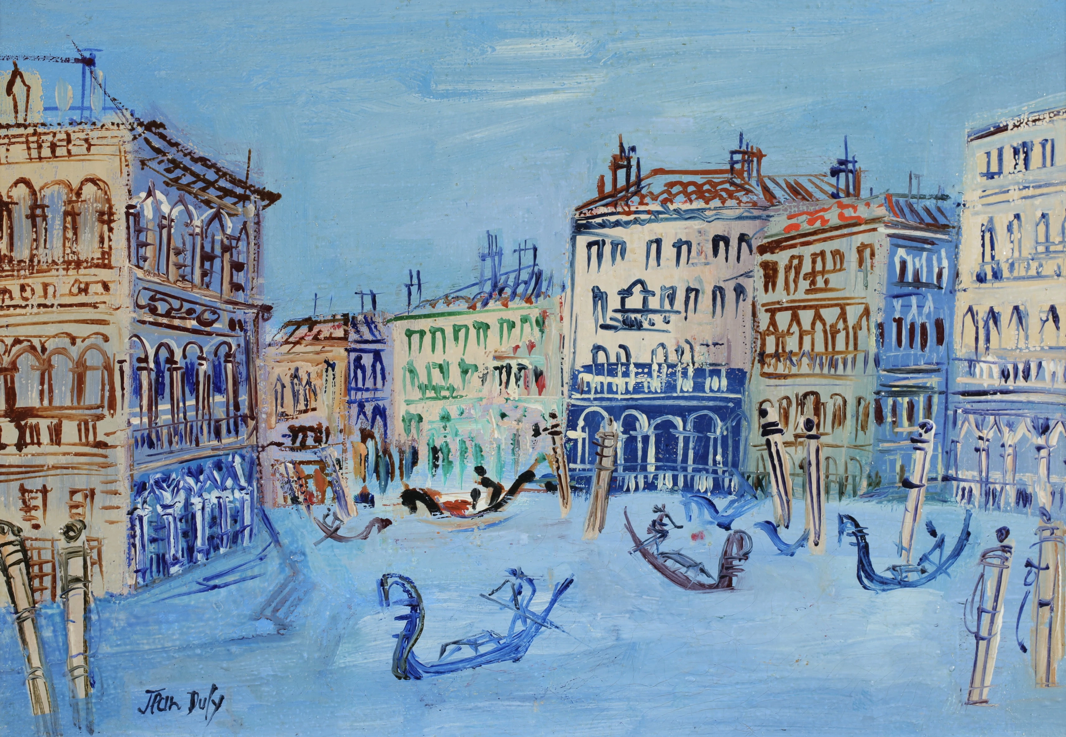 Jean Dufy original oil 1956 on canvas - Venice - Gondolas 