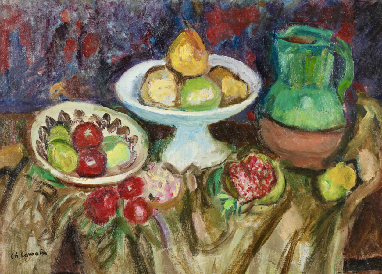 Compotier et plat de fruits à la grenade ouverte – cruche verte - Buy Fine Paintings Online