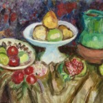 Compotier et plat de fruits à la grenade ouverte – cruche verte thumbnail