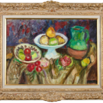 Compotier et plat de fruits à la grenade ouverte – cruche verte thumbnail