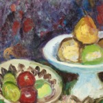 Compotier et plat de fruits à la grenade ouverte – cruche verte thumbnail