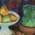 Compotier et plat de fruits à la grenade ouverte – cruche verte thumbnail