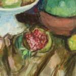 Compotier et plat de fruits à la grenade ouverte – cruche verte thumbnail
