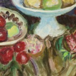 Compotier et plat de fruits à la grenade ouverte – cruche verte thumbnail
